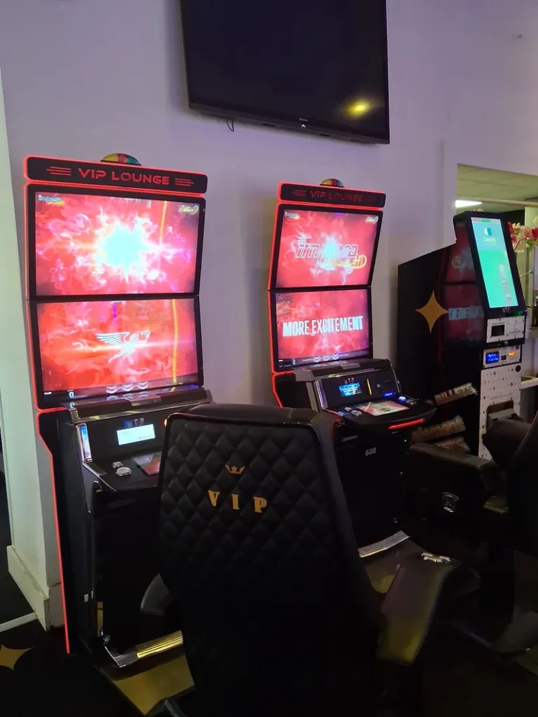 Red gaming machines at Casino Barrière Saint-Raphaël