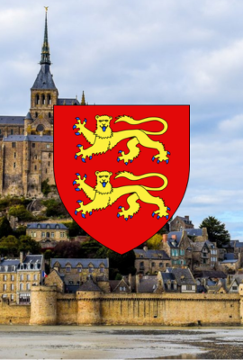 Vue du Mont-Saint-Michel avec le blason de la Normandie