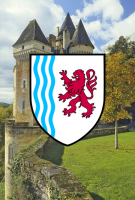 Château historique avec un blason de la Nouvelle-Aquitaine