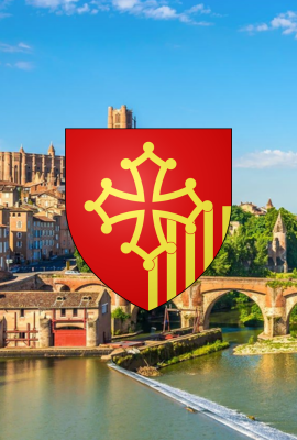 Vue d’une ville au bord de l’eau avec le blason de l’Occitanie