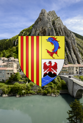 Vue de Sisteron avec le blason de Provence-Alpes-Côte d’Azur