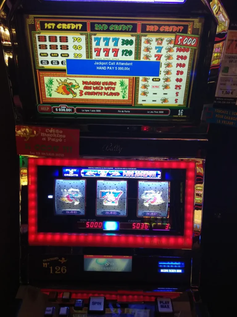 Close view of a colourful slot machine at Casino Castéra-Verduzan